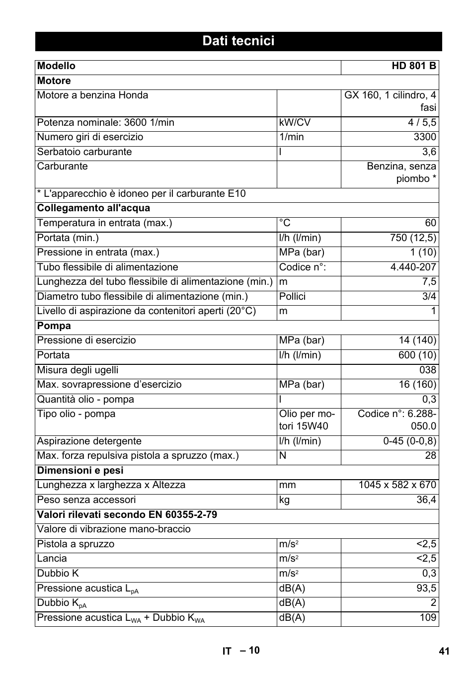 Dati tecnici | Karcher HD 801 B User Manual | Page 41 / 254