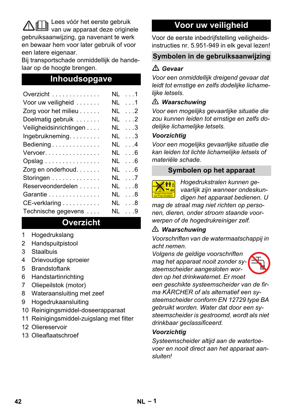 Nederlands, Inhoudsopgave, Overzicht voor uw veiligheid | Karcher HD 801 B User Manual | Page 42 / 254