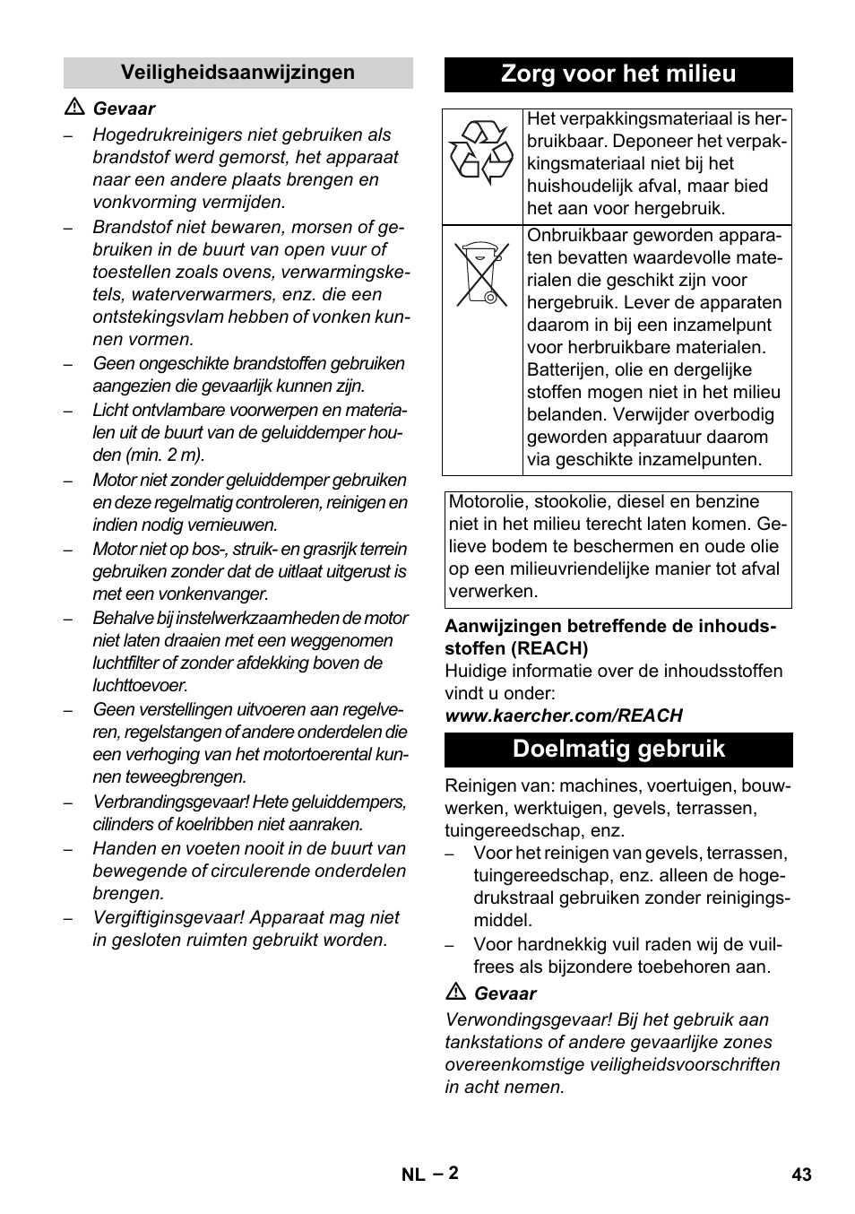 Zorg voor het milieu, Doelmatig gebruik | Karcher HD 801 B User Manual | Page 43 / 254