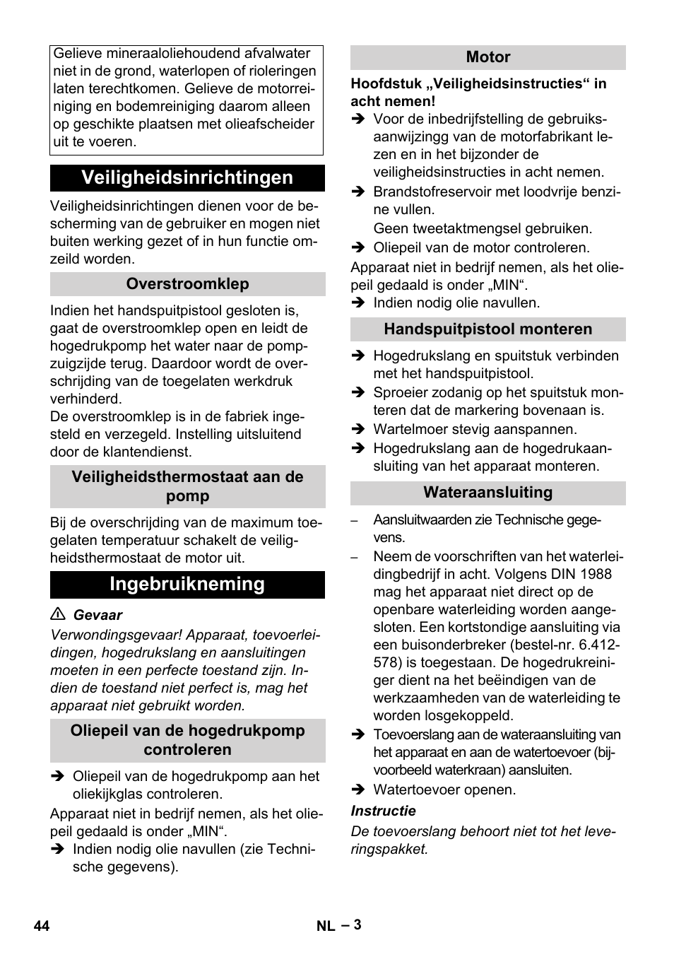 Veiligheidsinrichtingen, Ingebruikneming | Karcher HD 801 B User Manual | Page 44 / 254