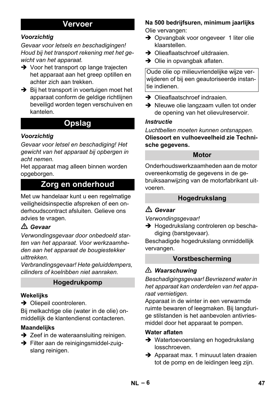 Vervoer opslag zorg en onderhoud | Karcher HD 801 B User Manual | Page 47 / 254