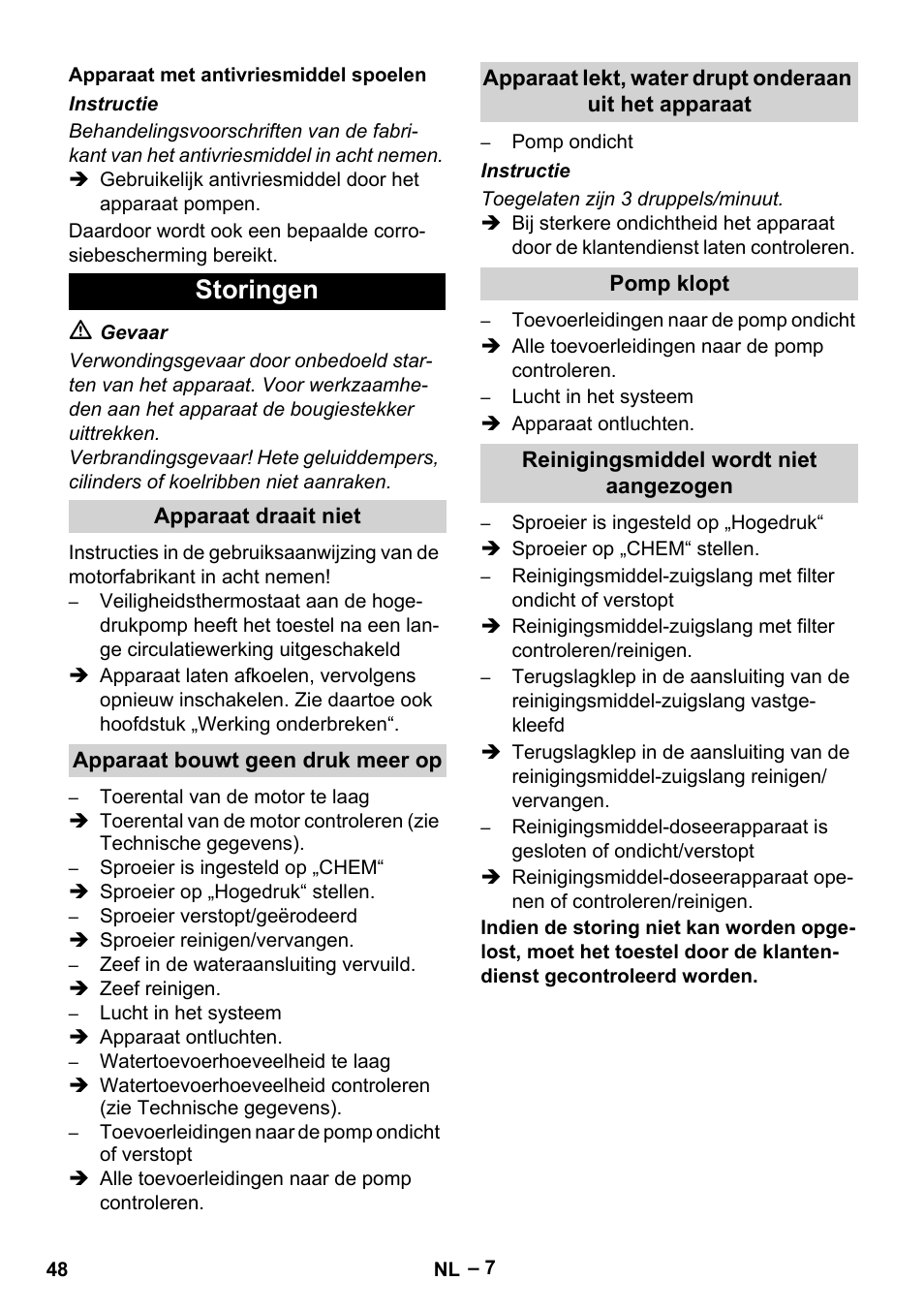 Storingen | Karcher HD 801 B User Manual | Page 48 / 254