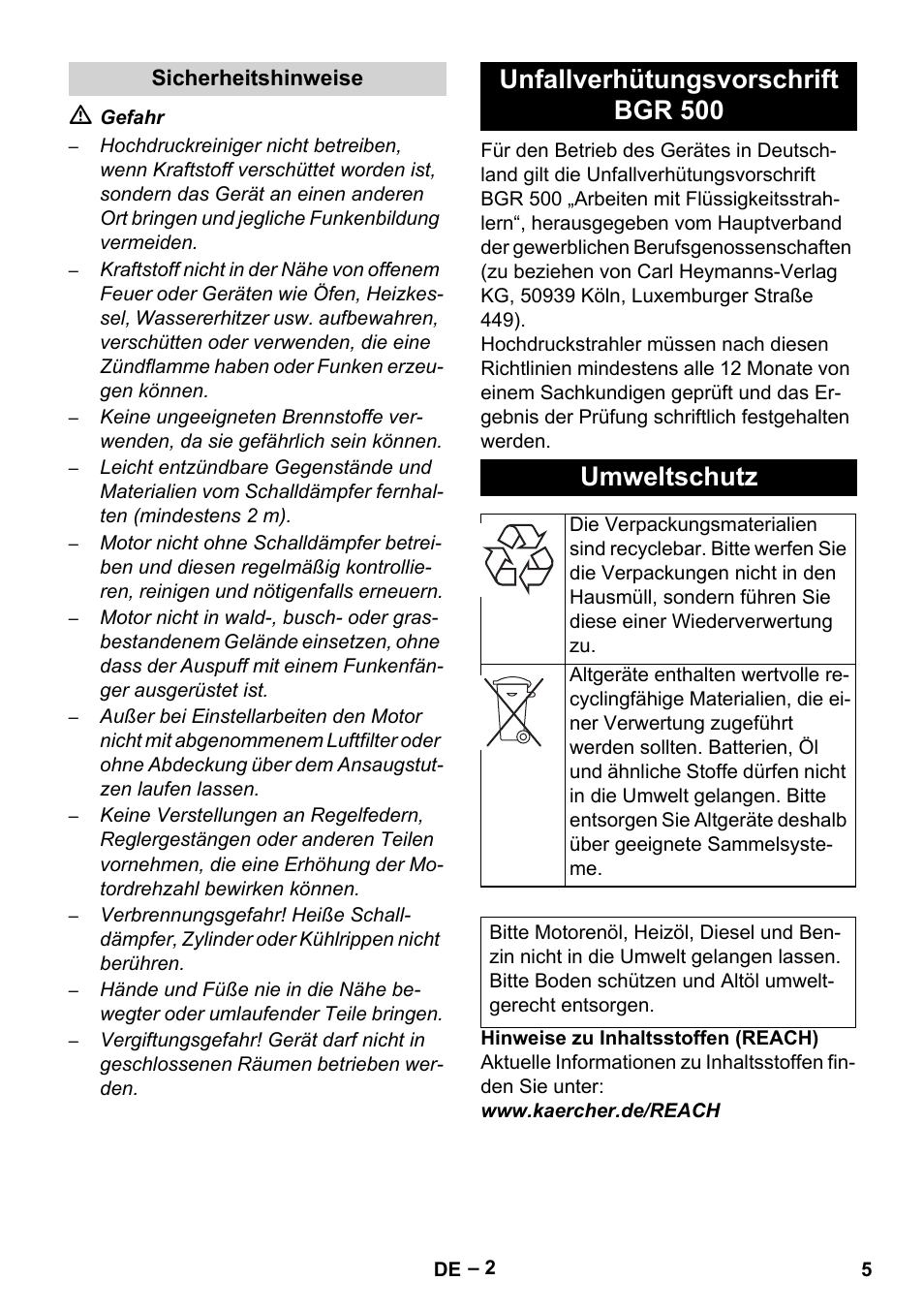 Unfallverhütungsvorschrift bgr 500 umweltschutz | Karcher HD 801 B User Manual | Page 5 / 254