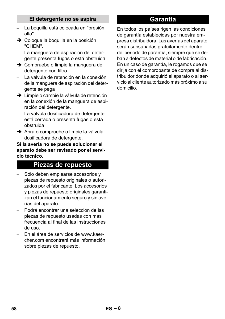 Piezas de repuesto garantía | Karcher HD 801 B User Manual | Page 58 / 254