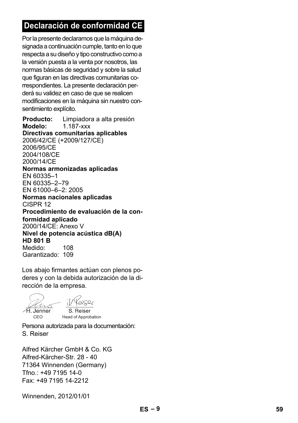 Declaración de conformidad ce | Karcher HD 801 B User Manual | Page 59 / 254