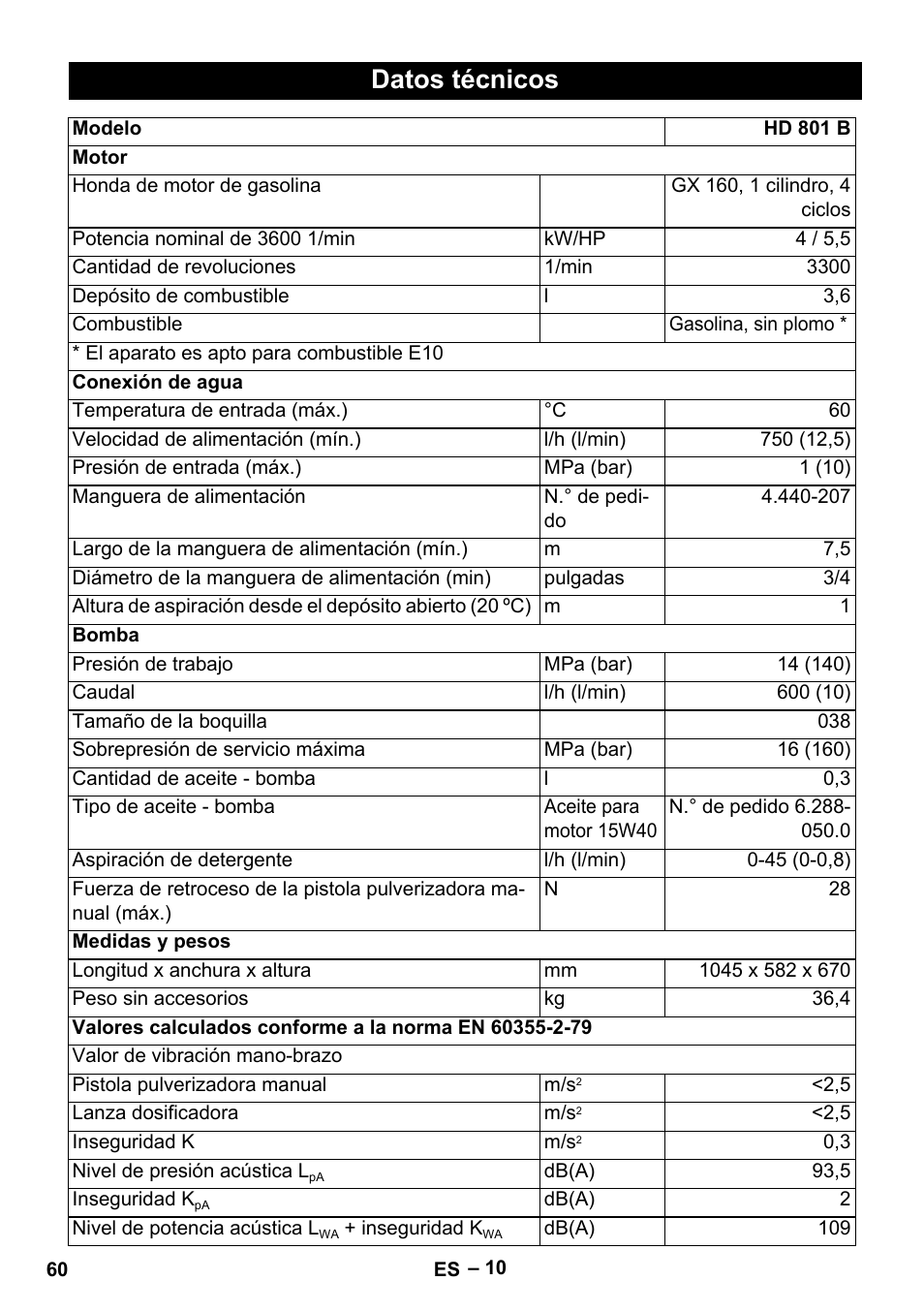Datos técnicos | Karcher HD 801 B User Manual | Page 60 / 254