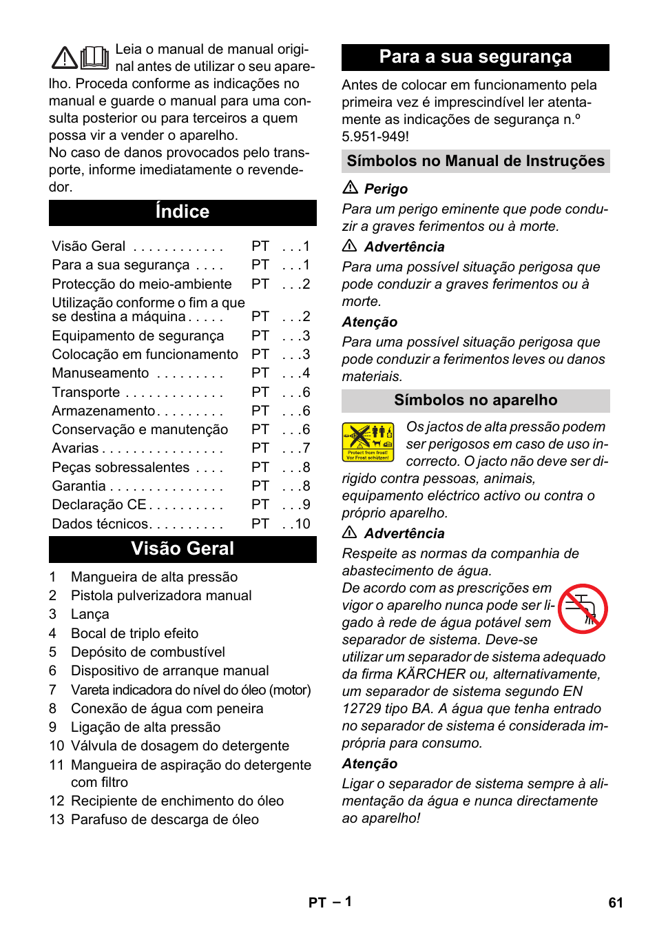 Português, Índice, Visão geral para a sua segurança | Karcher HD 801 B User Manual | Page 61 / 254