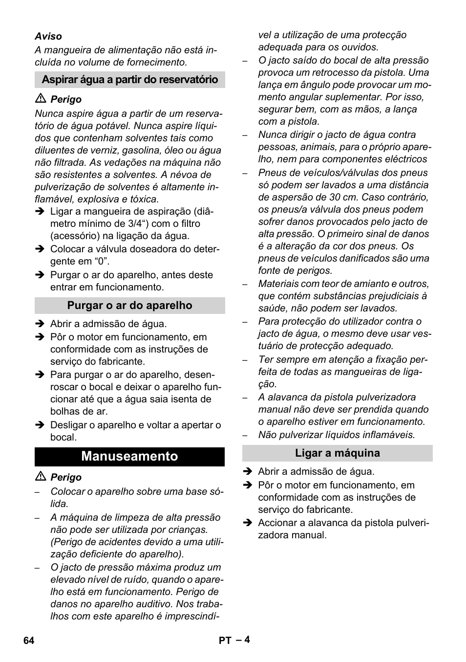 Manuseamento | Karcher HD 801 B User Manual | Page 64 / 254