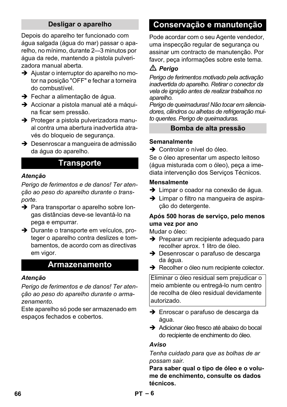 Transporte armazenamento conservação e manutenção | Karcher HD 801 B User Manual | Page 66 / 254