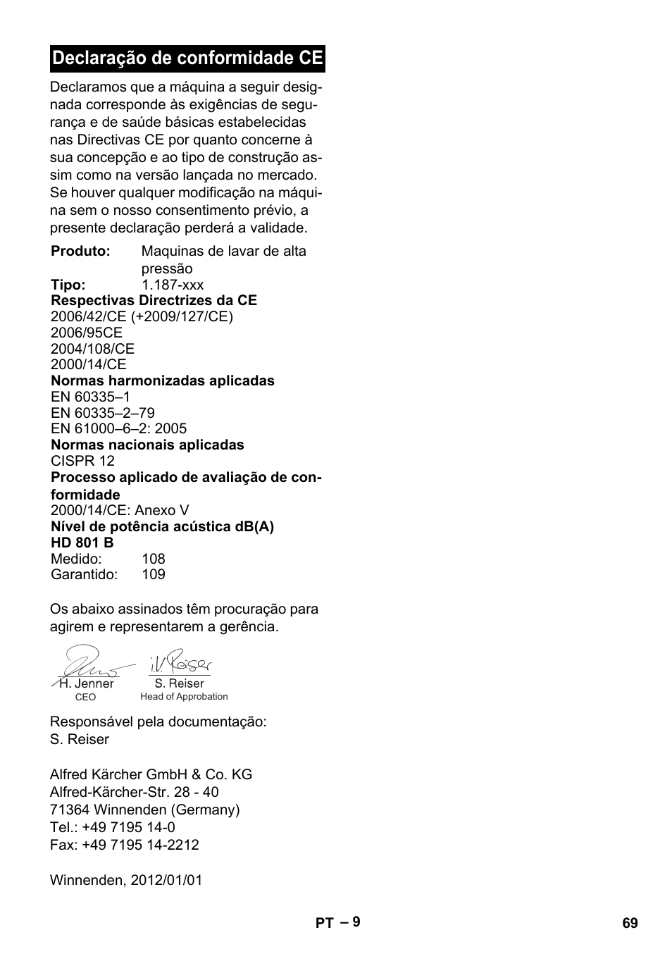 Declaração de conformidade ce | Karcher HD 801 B User Manual | Page 69 / 254