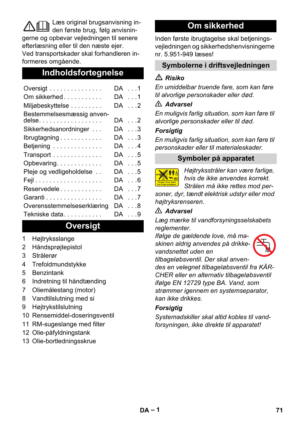 Dansk, Indholdsfortegnelse, Oversigt om sikkerhed | Karcher HD 801 B User Manual | Page 71 / 254