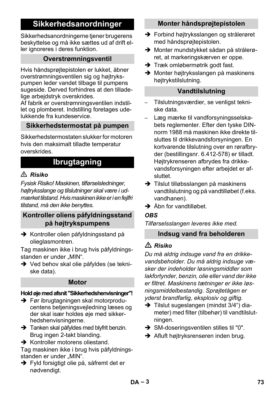 Sikkerhedsanordninger, Ibrugtagning | Karcher HD 801 B User Manual | Page 73 / 254