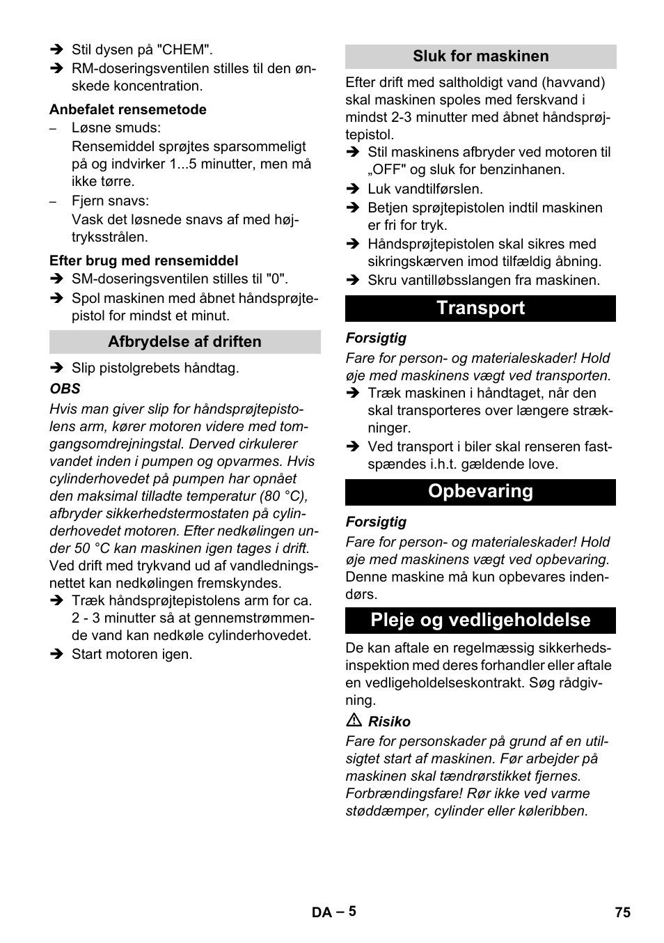 Transport opbevaring pleje og vedligeholdelse | Karcher HD 801 B User Manual | Page 75 / 254