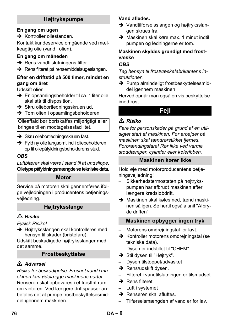 Fejl | Karcher HD 801 B User Manual | Page 76 / 254