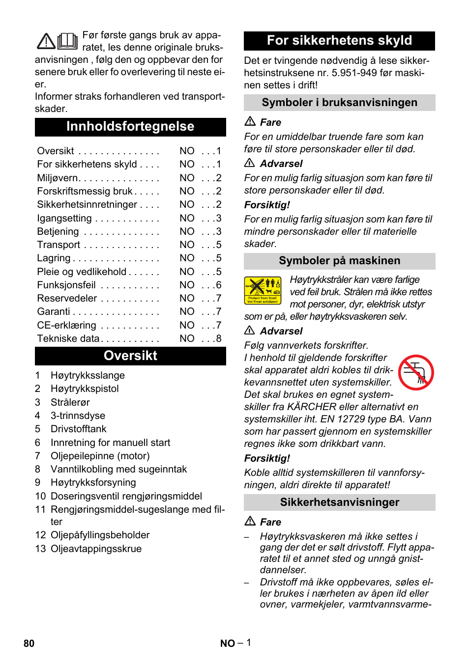 Norsk, Innholdsfortegnelse, Oversikt for sikkerhetens skyld | Karcher HD 801 B User Manual | Page 80 / 254