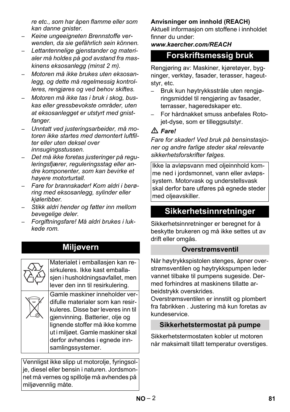 Miljøvern, Forskriftsmessig bruk, Sikkerhetsinnretninger | Karcher HD 801 B User Manual | Page 81 / 254
