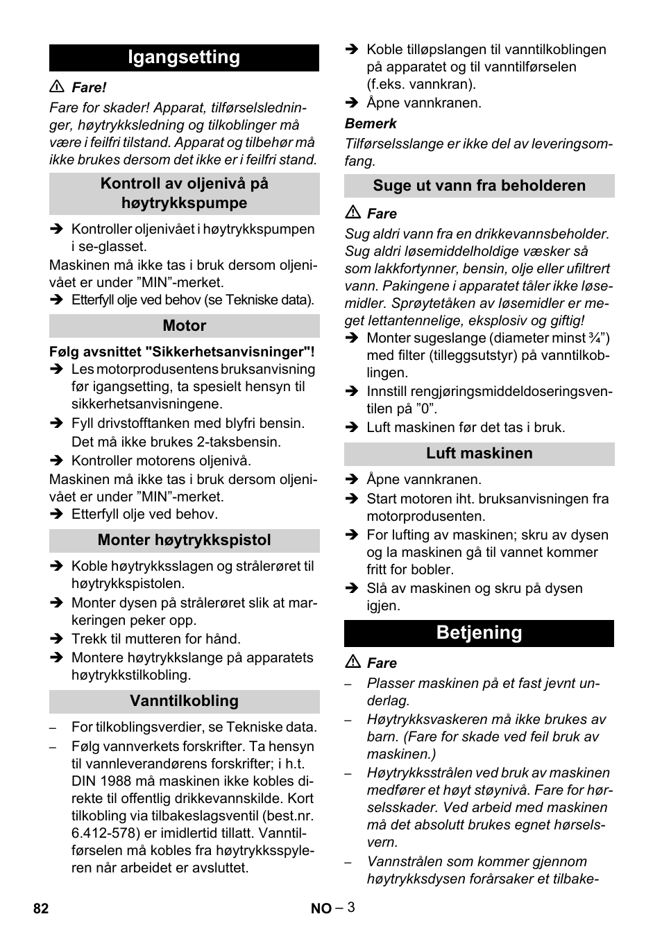 Igangsetting, Betjening | Karcher HD 801 B User Manual | Page 82 / 254