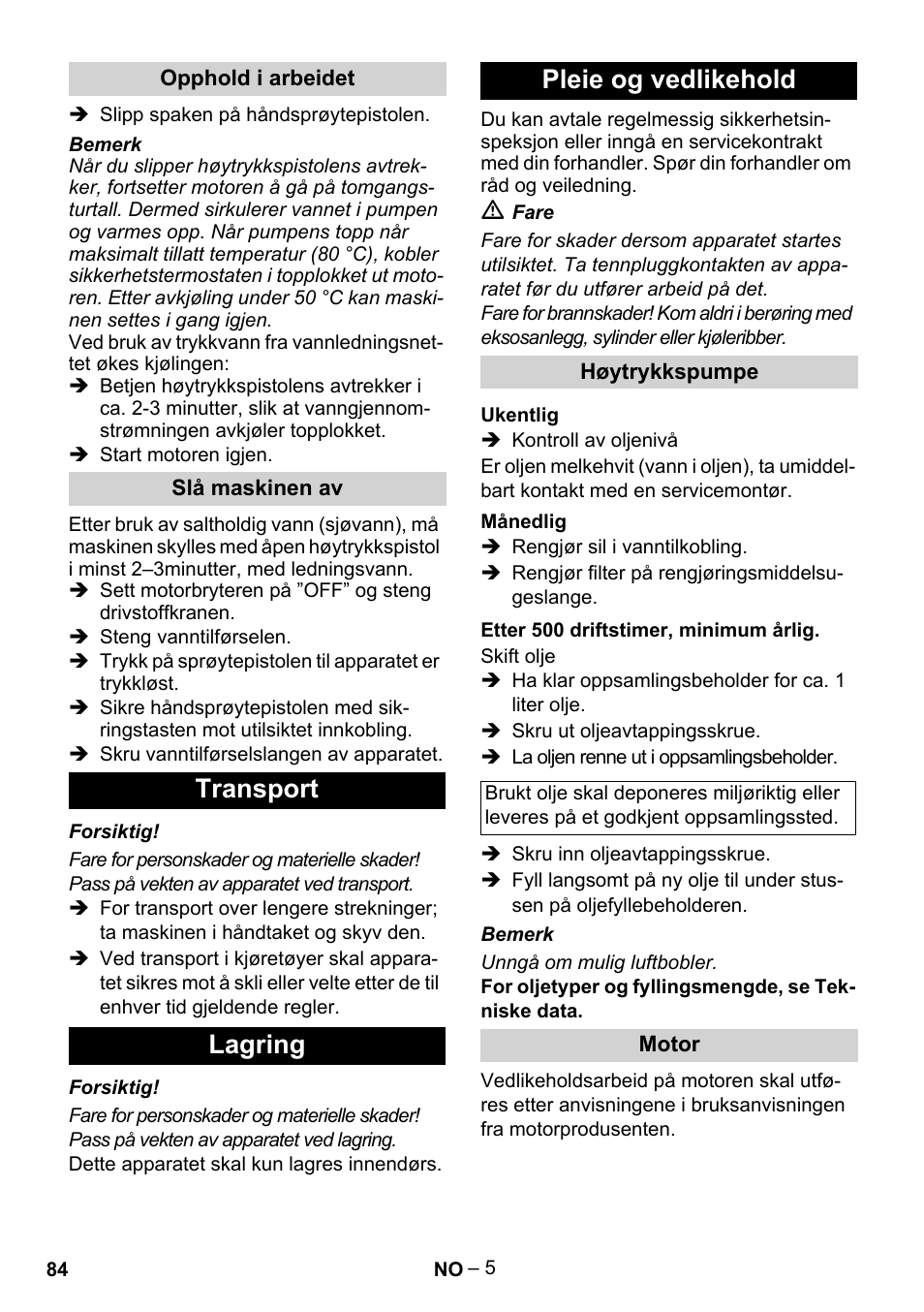 Transport lagring pleie og vedlikehold | Karcher HD 801 B User Manual | Page 84 / 254