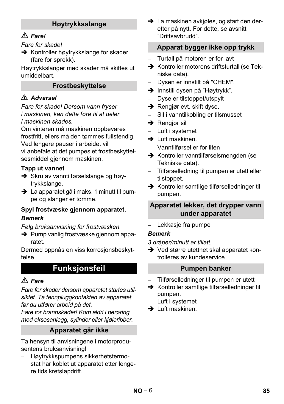 Funksjonsfeil | Karcher HD 801 B User Manual | Page 85 / 254