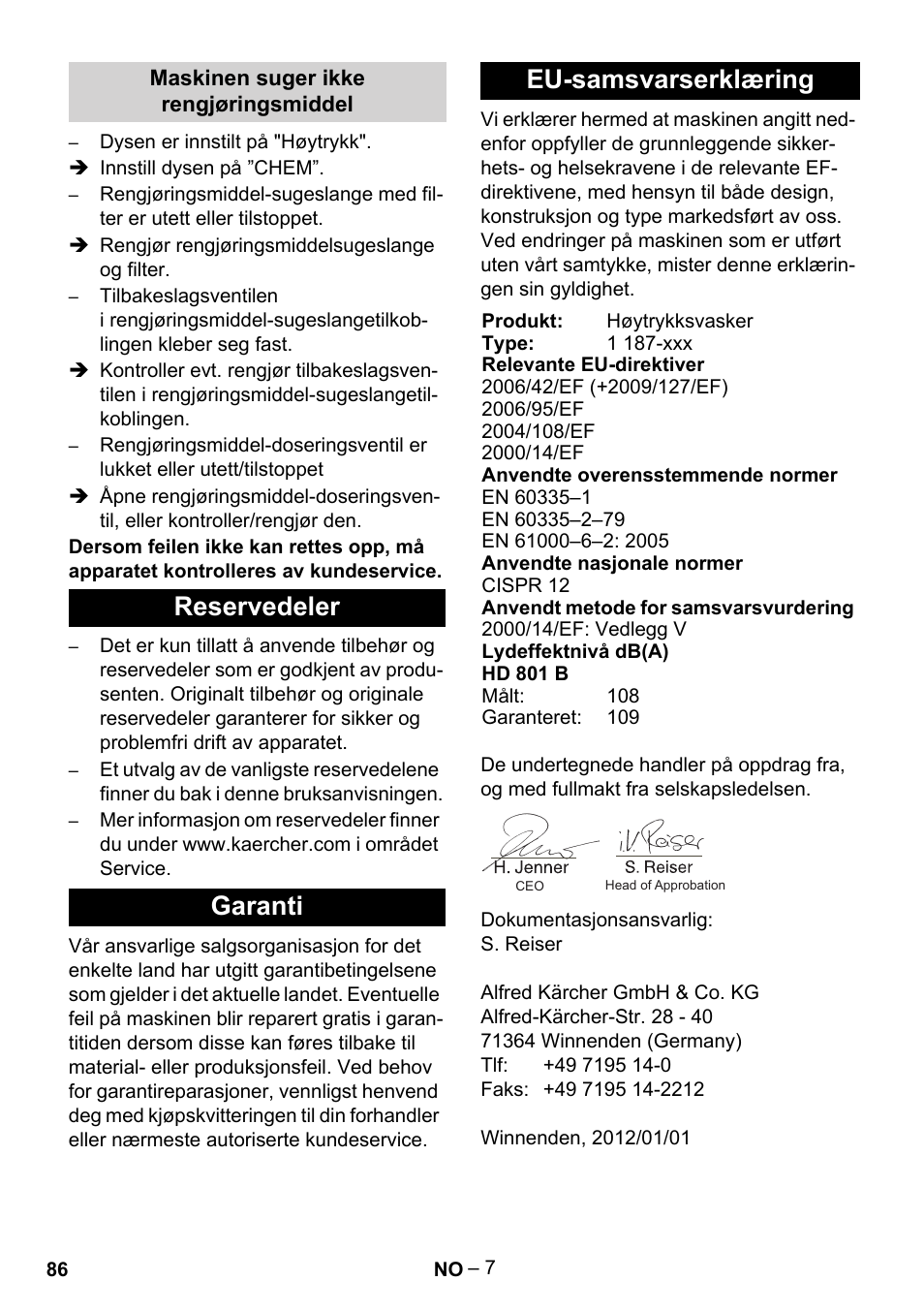 Reservedeler garanti eu-samsvarserklæring | Karcher HD 801 B User Manual | Page 86 / 254