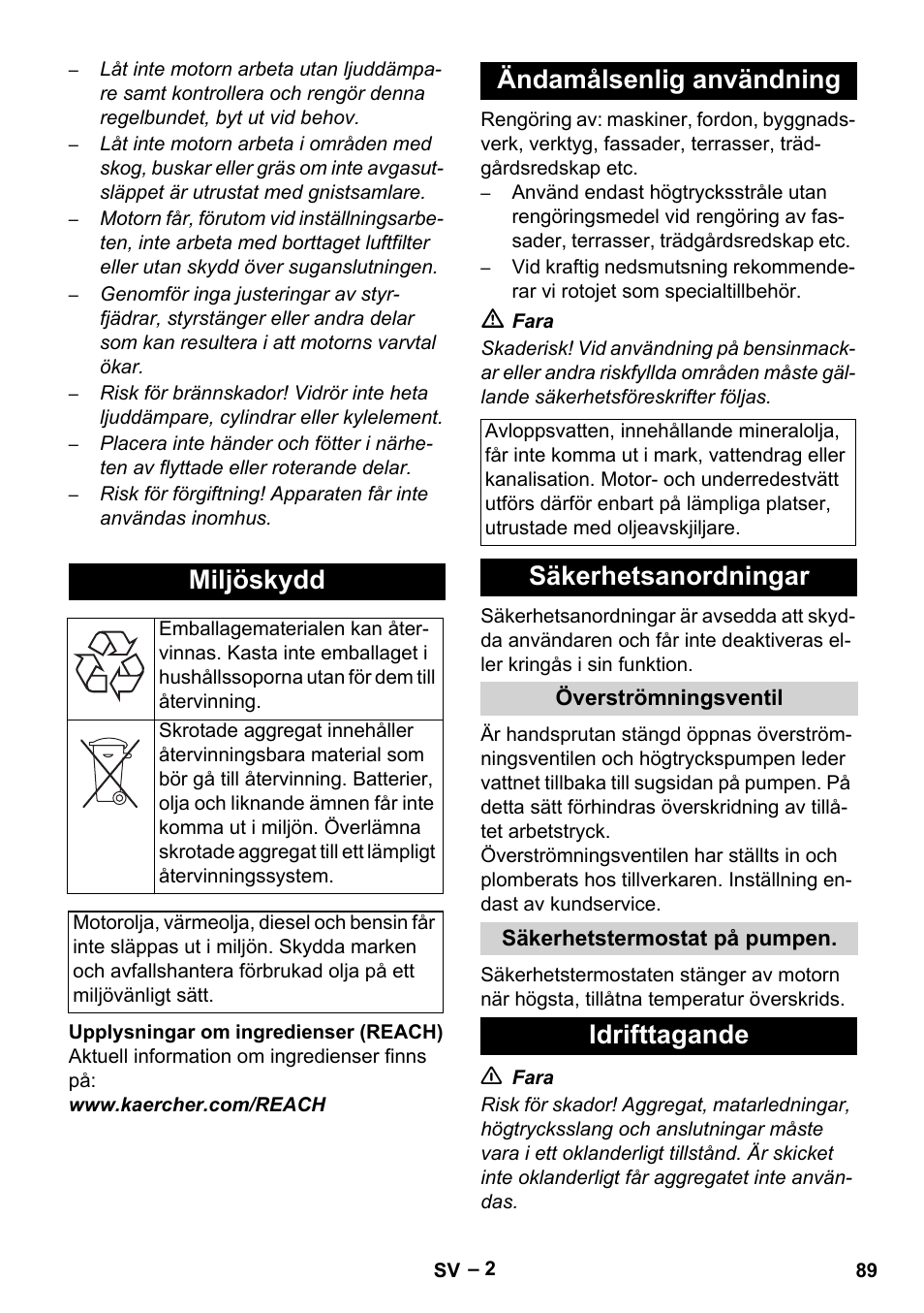 Miljöskydd, Ändamålsenlig användning, Säkerhetsanordningar | Idrifttagande | Karcher HD 801 B User Manual | Page 89 / 254