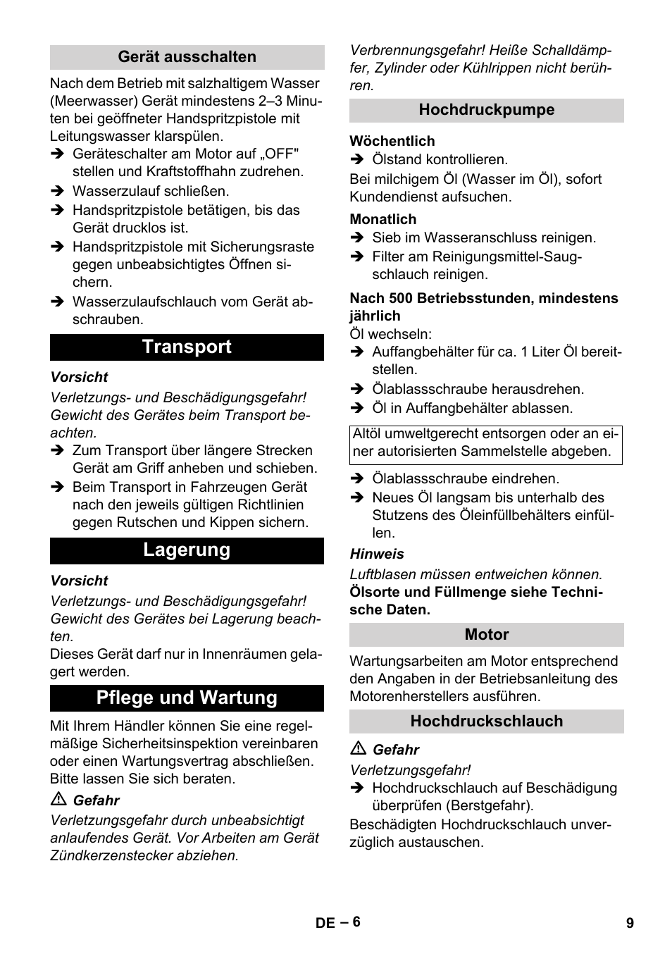 Transport lagerung pflege und wartung | Karcher HD 801 B User Manual | Page 9 / 254