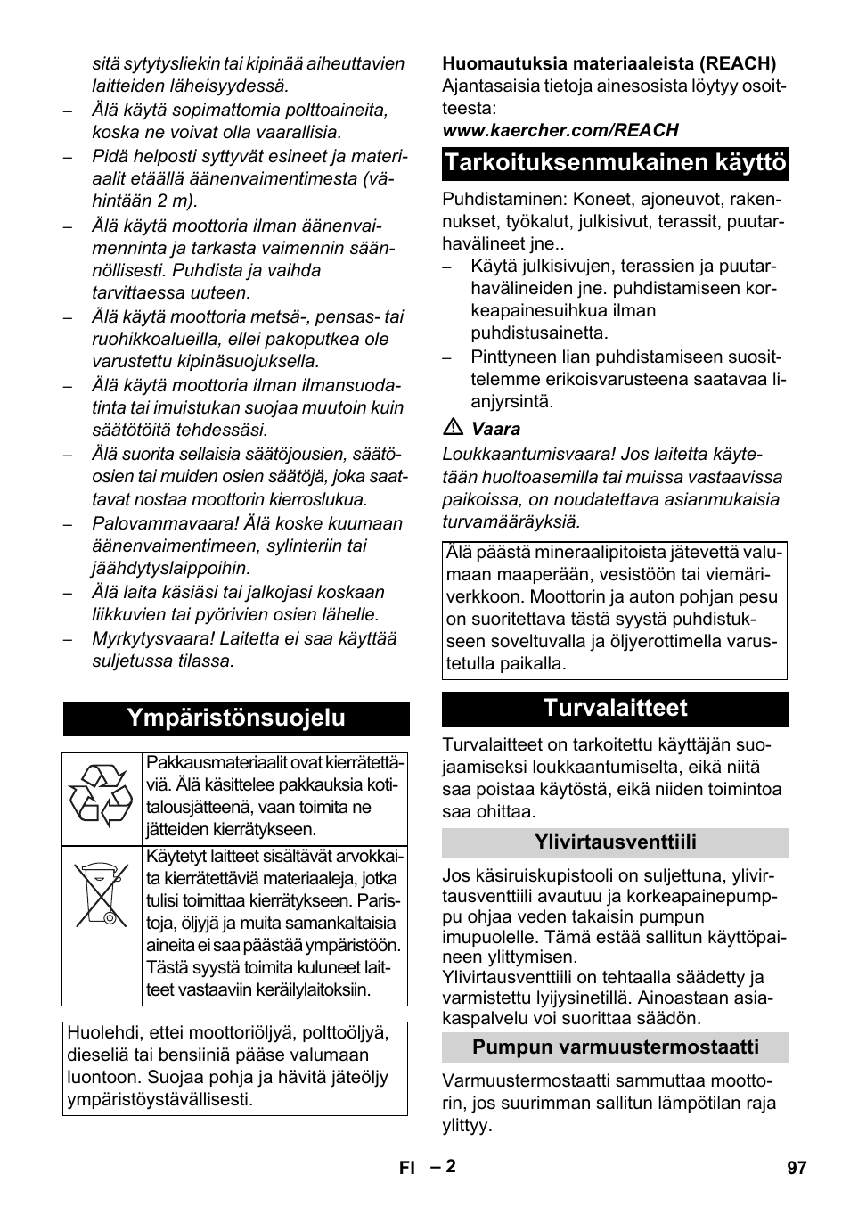 Ympäristönsuojelu, Tarkoituksenmukainen käyttö, Turvalaitteet | Karcher HD 801 B User Manual | Page 97 / 254