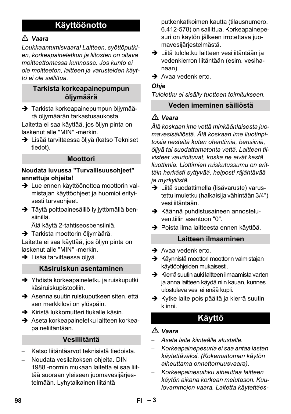 Käyttöönotto, Käyttö | Karcher HD 801 B User Manual | Page 98 / 254