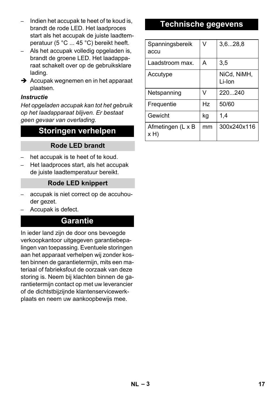 Storingen verhelpen, Garantie technische gegevens | Karcher BR 30-4 C Bp Pack User Manual | Page 17 / 84