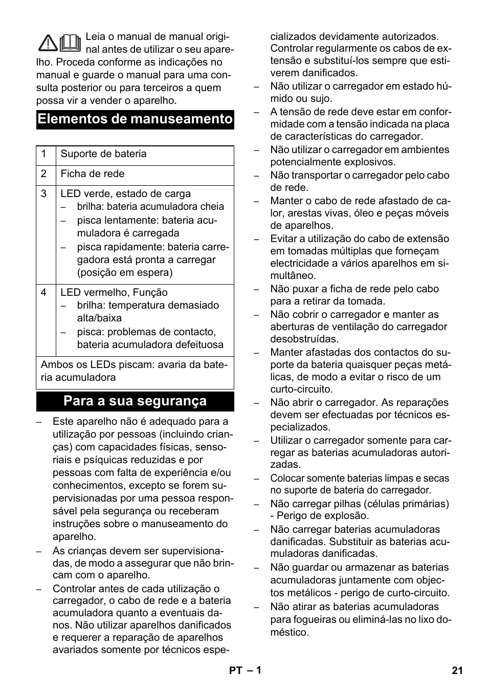 Português, Elementos de manuseamento, Para a sua segurança | Karcher BR 30-4 C Bp Pack User Manual | Page 21 / 84