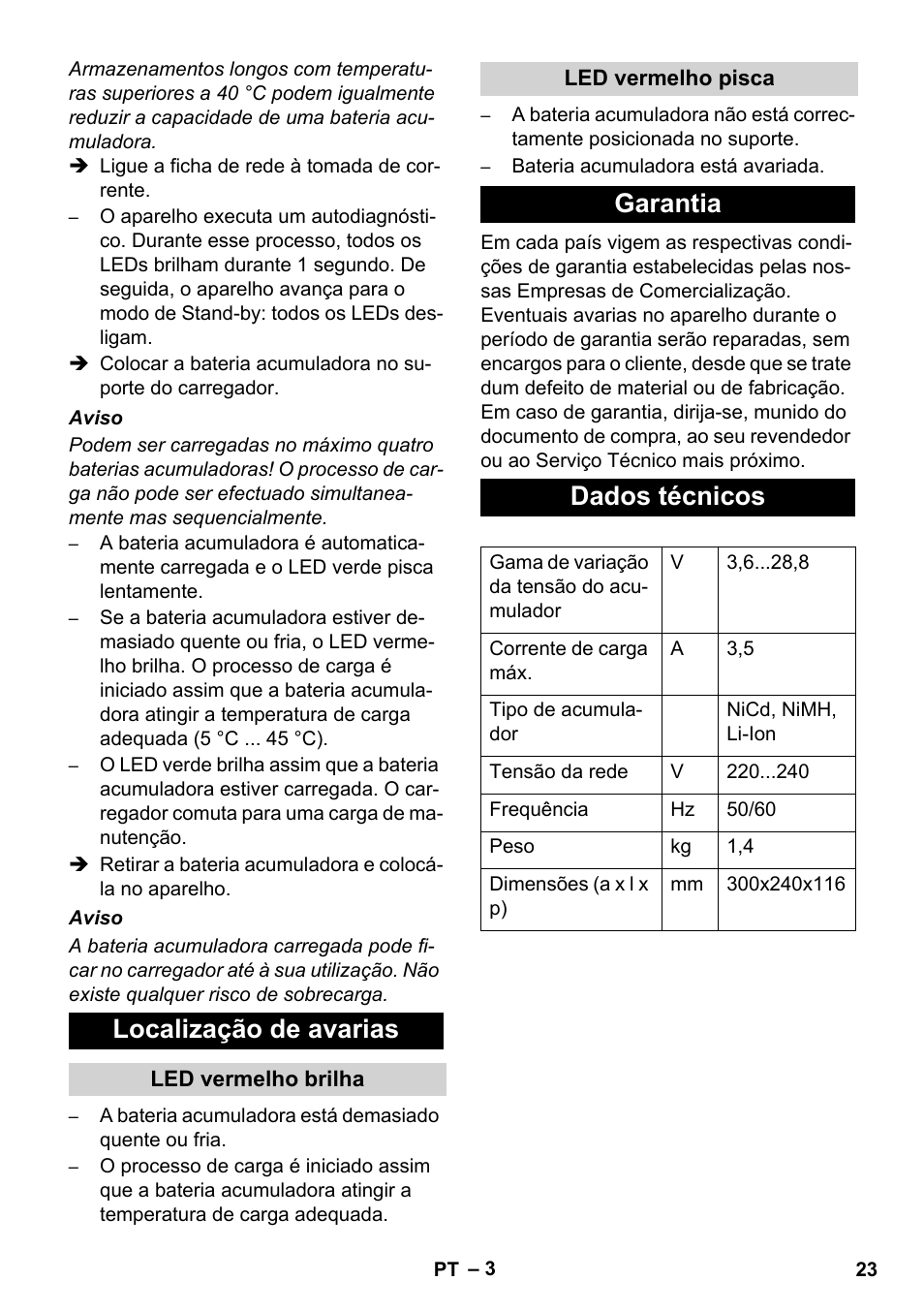 Localização de avarias, Garantia dados técnicos | Karcher BR 30-4 C Bp Pack User Manual | Page 23 / 84