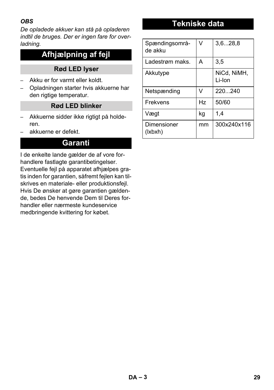 Afhjælpning af fejl, Garanti tekniske data | Karcher BR 30-4 C Bp Pack User Manual | Page 29 / 84