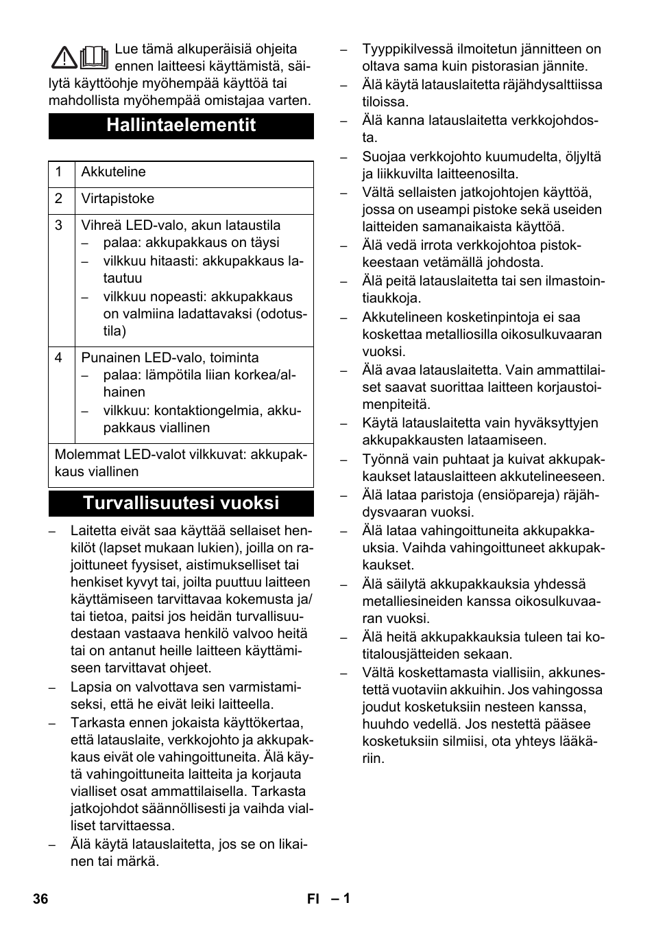 Suomi, Hallintaelementit, Turvallisuutesi vuoksi | Karcher BR 30-4 C Bp Pack User Manual | Page 36 / 84