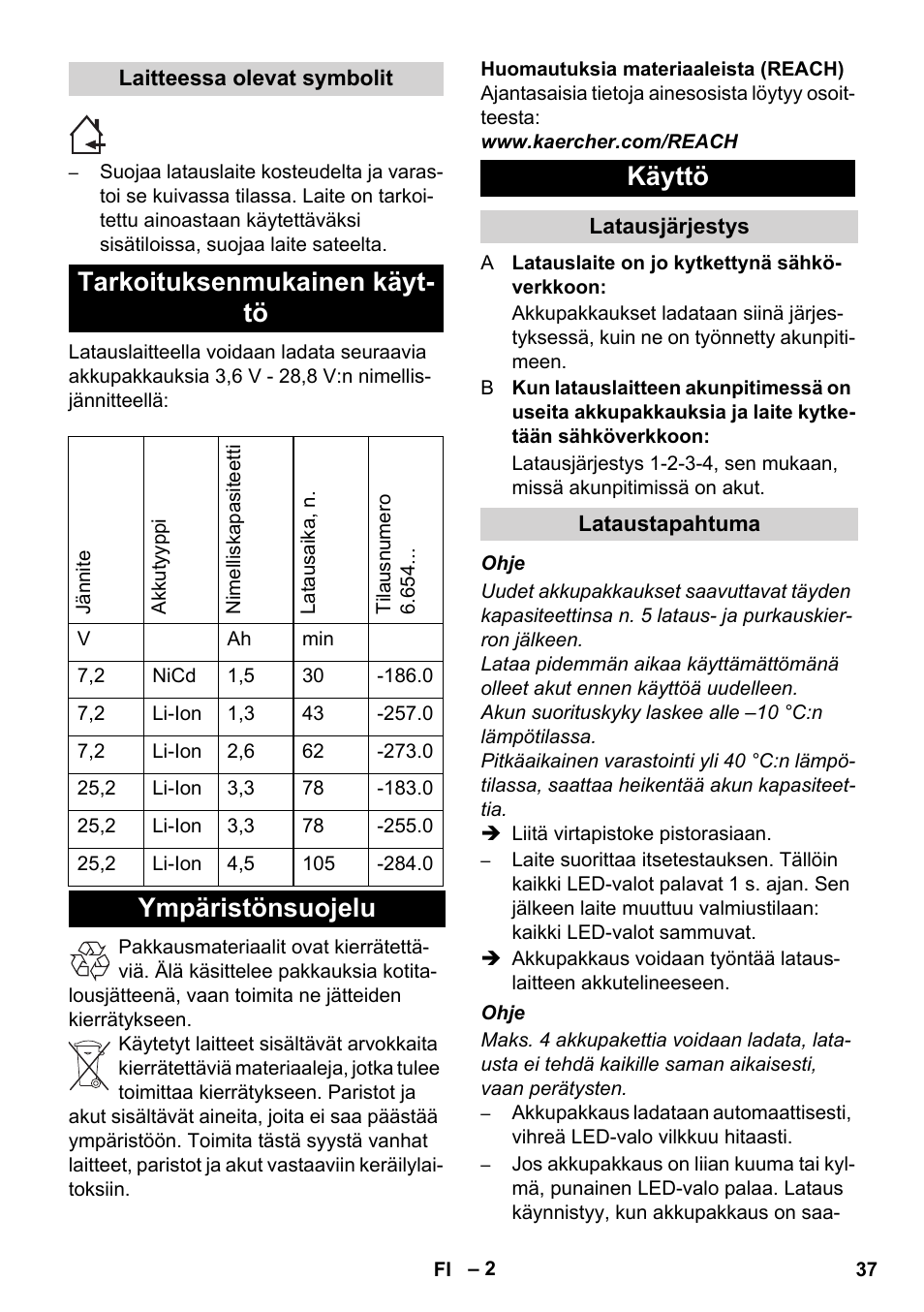 Tarkoituksenmukainen käyt- tö, Ympäristönsuojelu käyttö | Karcher BR 30-4 C Bp Pack User Manual | Page 37 / 84