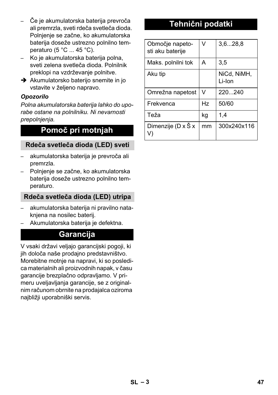 Pomoč pri motnjah, Garancija tehnični podatki | Karcher BR 30-4 C Bp Pack User Manual | Page 47 / 84