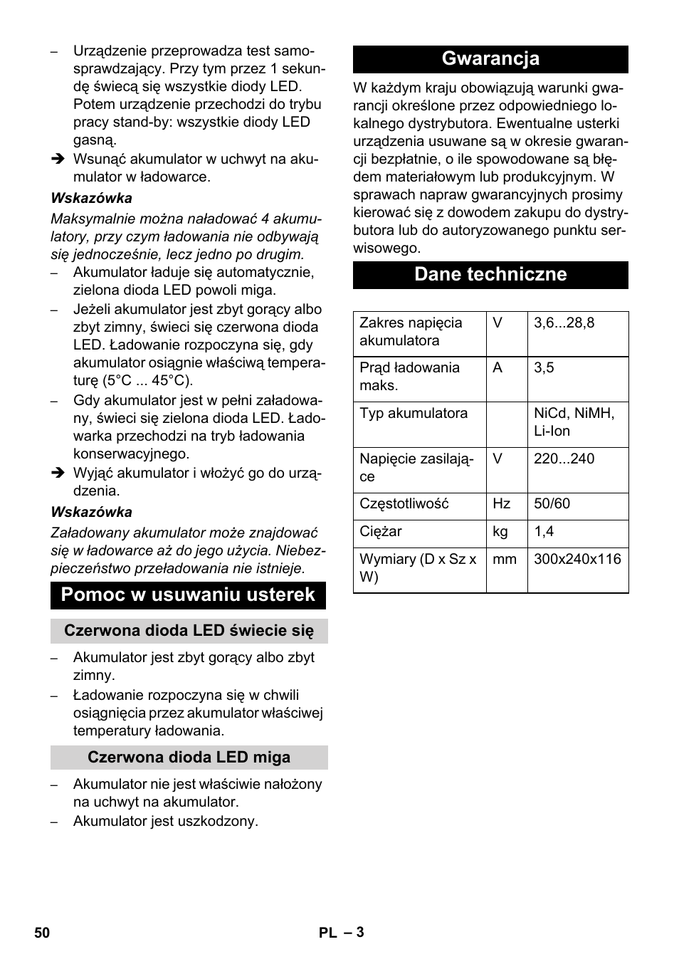 Pomoc w usuwaniu usterek, Gwarancja dane techniczne | Karcher BR 30-4 C Bp Pack User Manual | Page 50 / 84