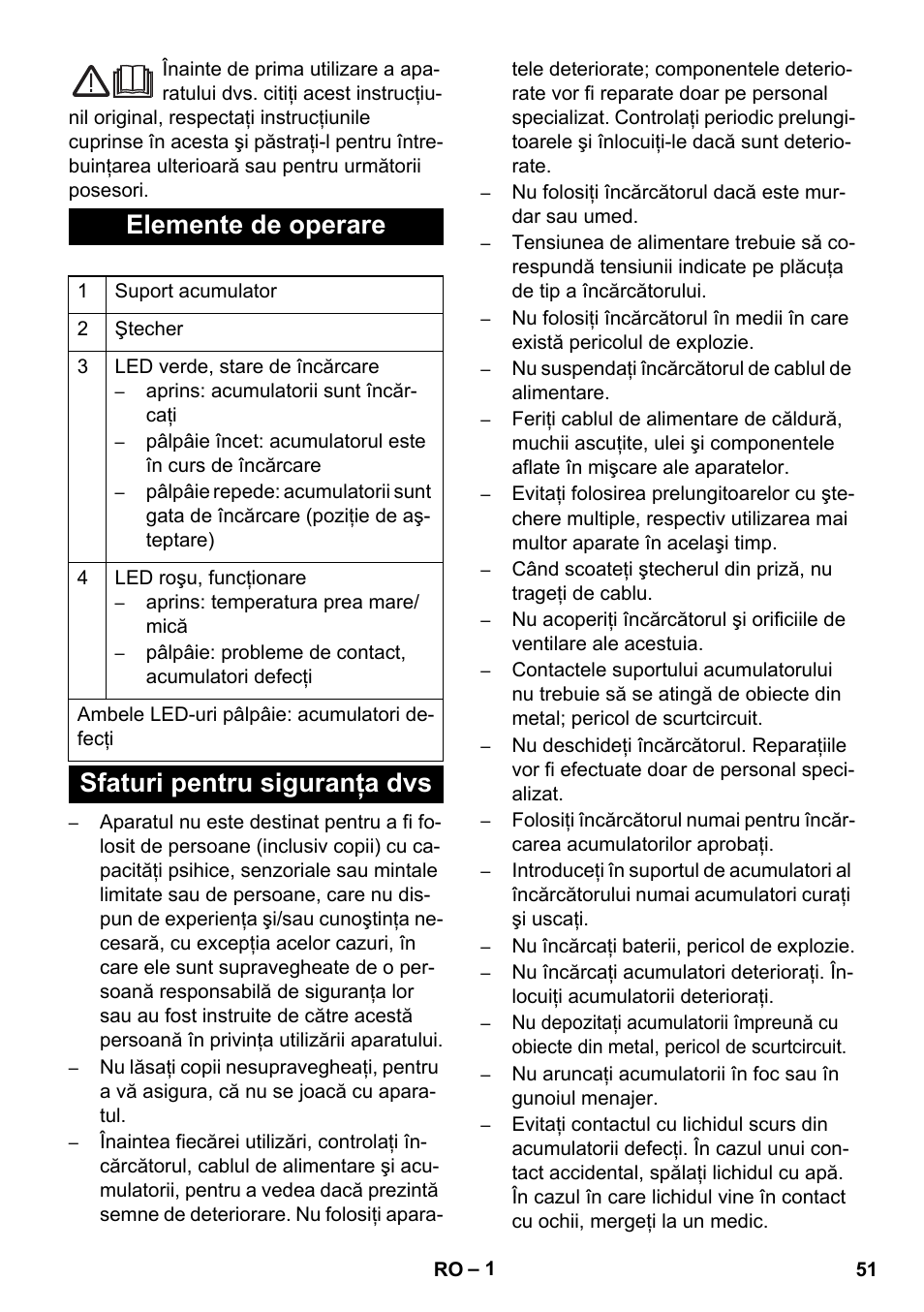 Româneşte, Elemente de operare, Sfaturi pentru siguranţa dvs | Karcher BR 30-4 C Bp Pack User Manual | Page 51 / 84