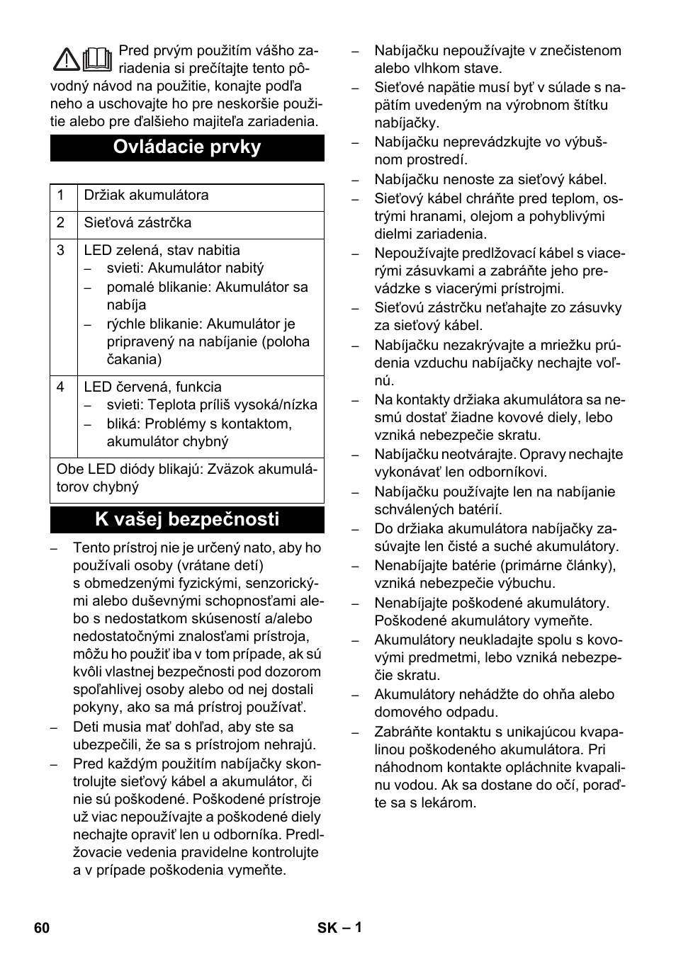 Slovenčina, Ovládacie prvky, K vašej bezpečnosti | Karcher BR 30-4 C Bp Pack User Manual | Page 60 / 84