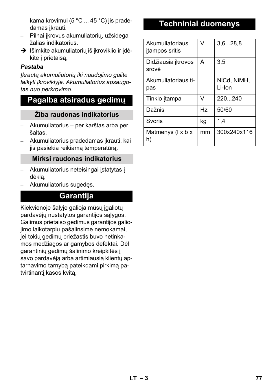 Pagalba atsiradus gedimų, Garantija techniniai duomenys | Karcher BR 30-4 C Bp Pack User Manual | Page 77 / 84