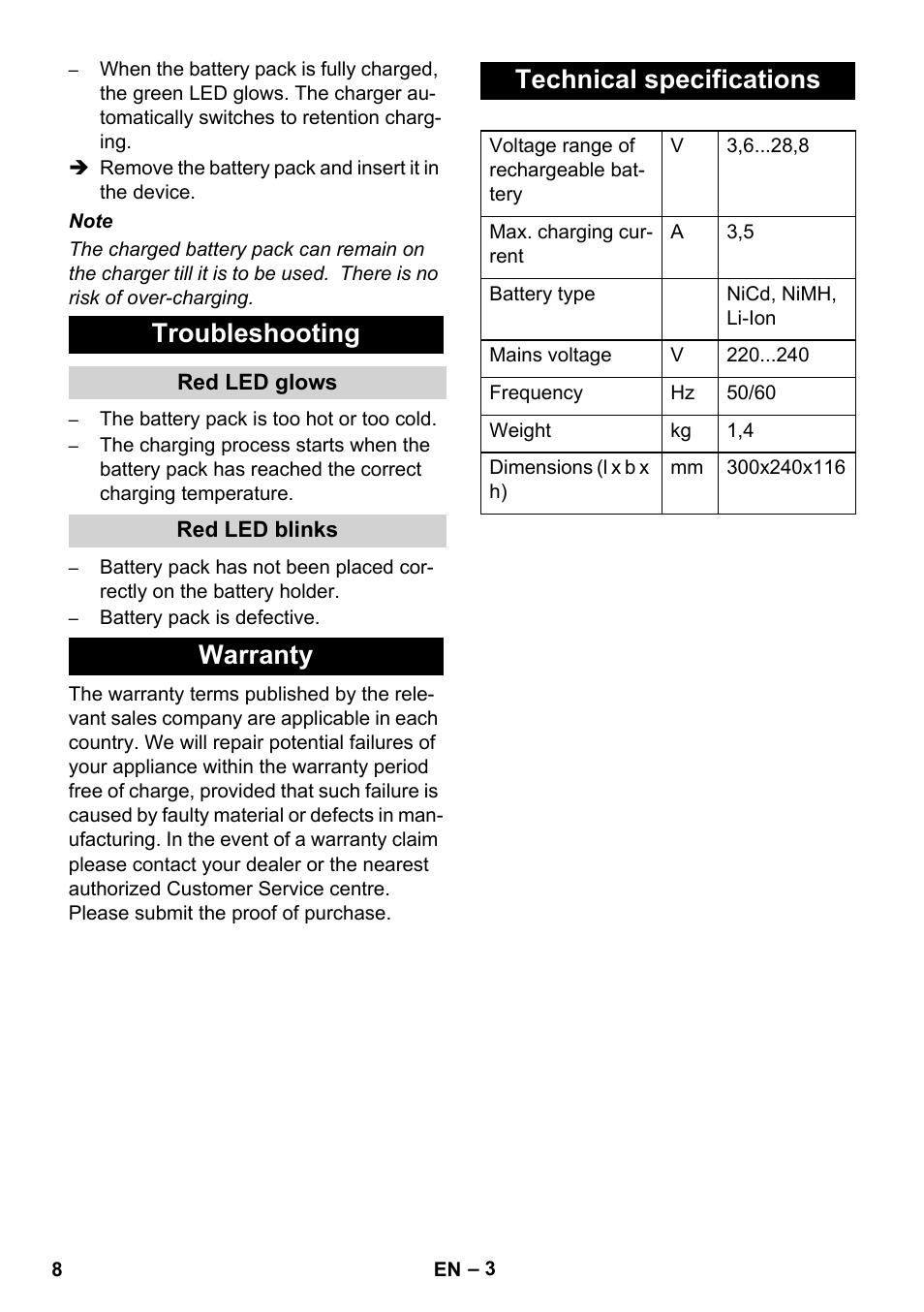 Troubleshooting, Warranty technical specifications | Karcher BR 30-4 C Bp Pack User Manual | Page 8 / 84