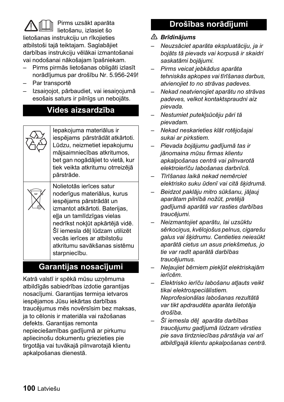 Vides aizsardzība, Garantijas nosacījumi drošības norādījumi | Karcher T 9-1 Bp User Manual | Page 100 / 112