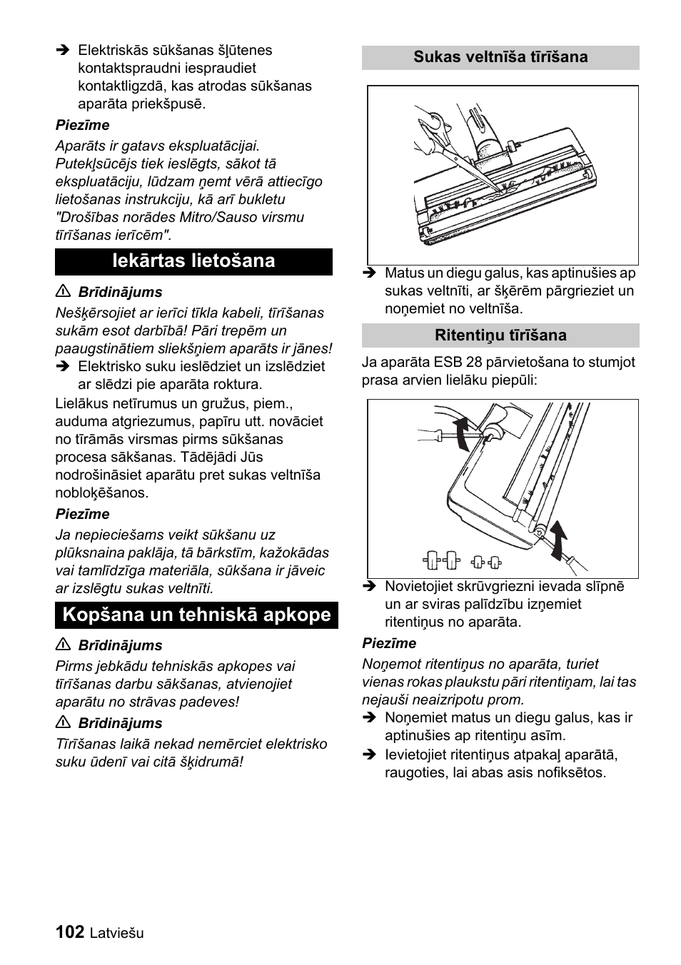 Iekārtas lietošana kopšana un tehniskā apkope | Karcher T 9-1 Bp User Manual | Page 102 / 112