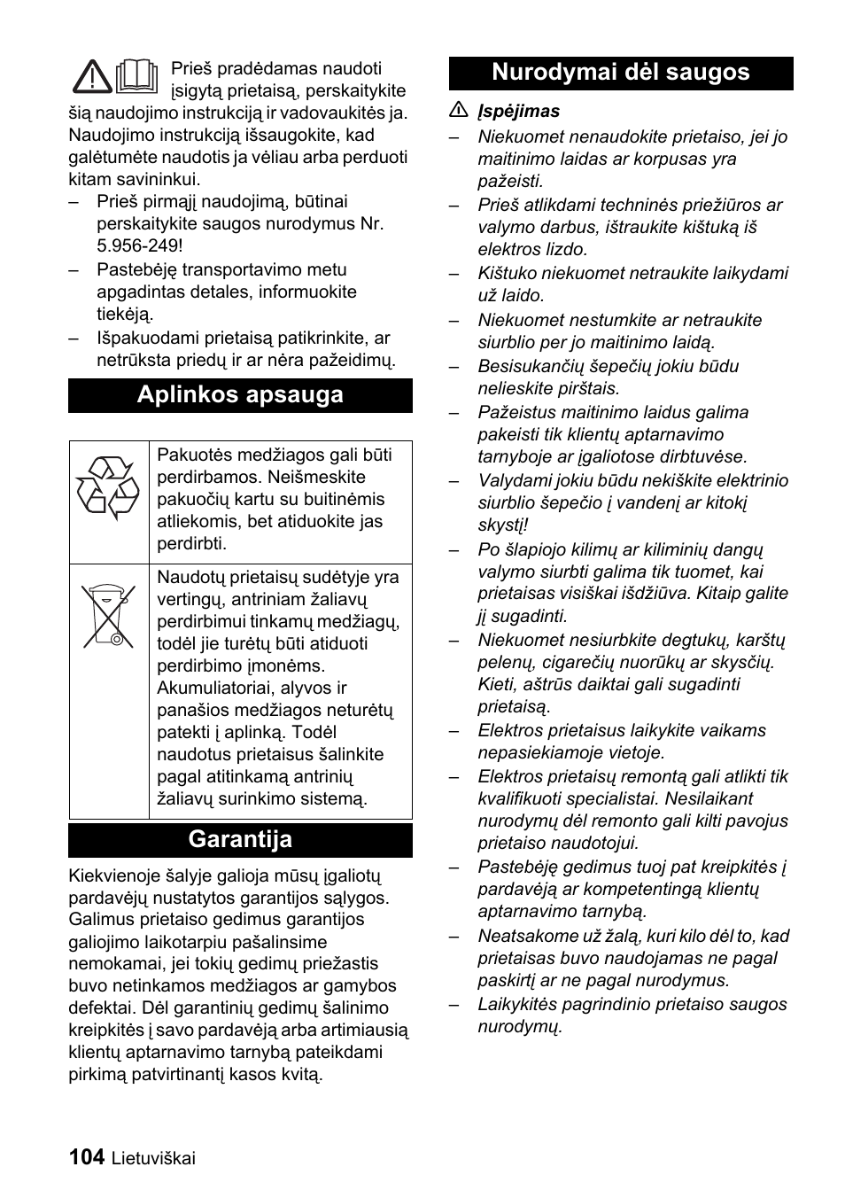 Aplinkos apsauga, Garantija nurodymai dėl saugos | Karcher T 9-1 Bp User Manual | Page 104 / 112