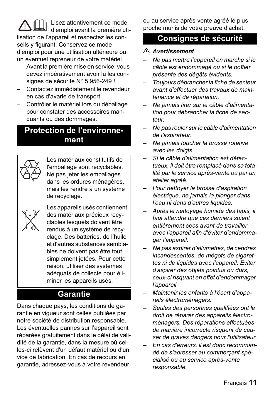 Protection de l’environne- ment, Garantie consignes de sécurité | Karcher T 9-1 Bp User Manual | Page 11 / 112