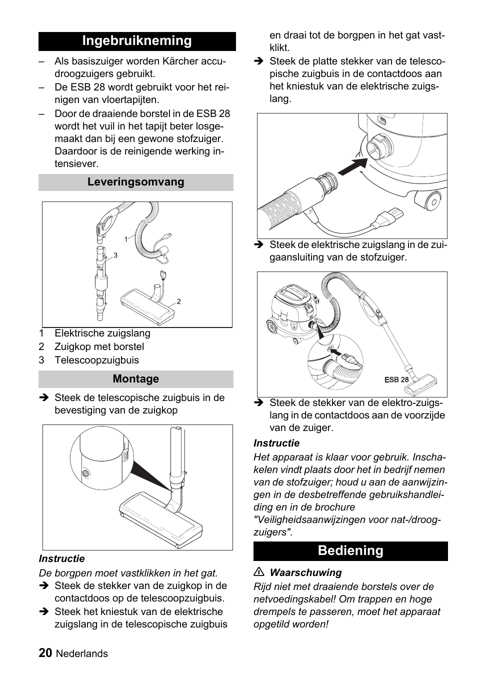 Ingebruikneming, Bediening | Karcher T 9-1 Bp User Manual | Page 20 / 112