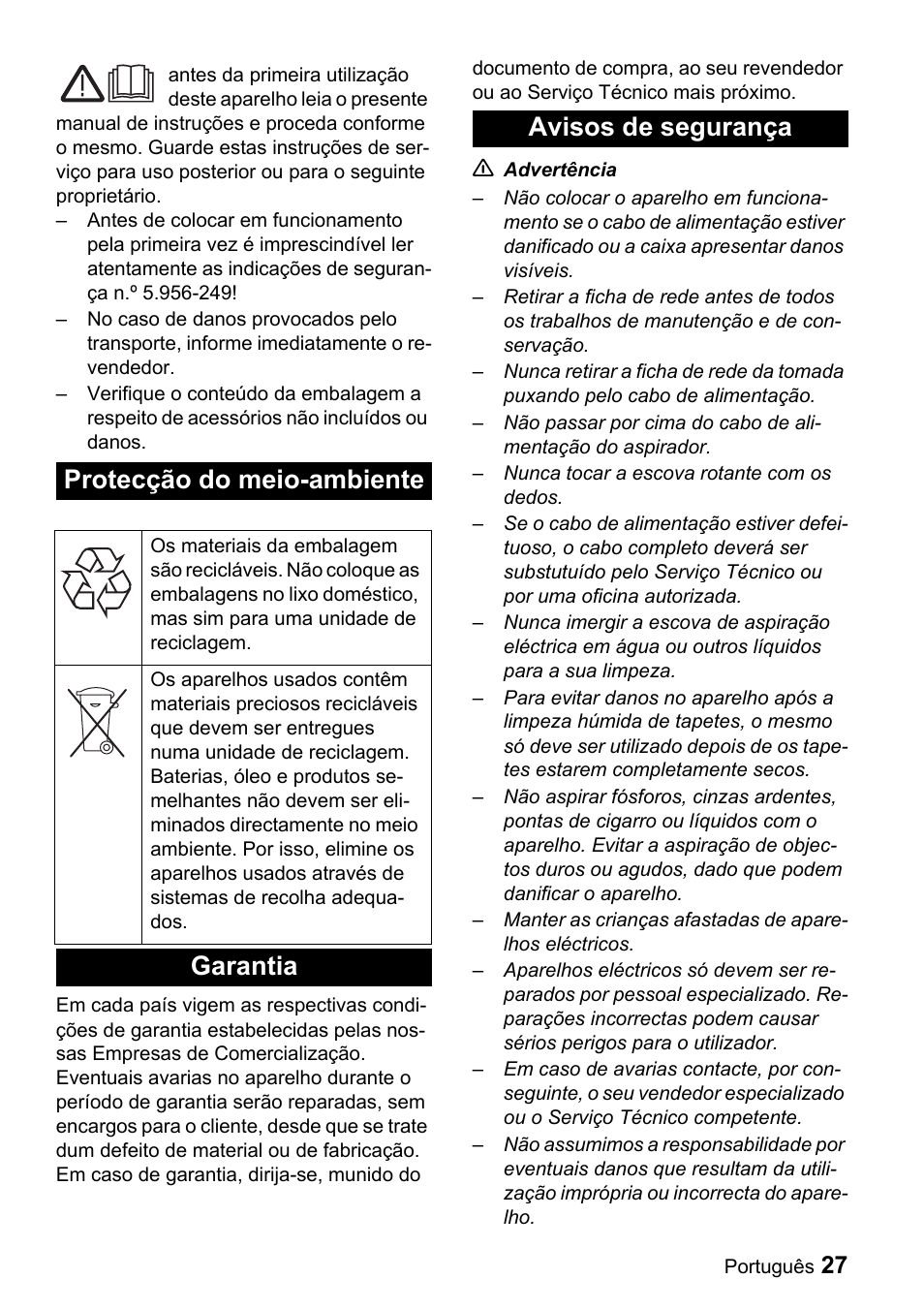 Protecção do meio-ambiente, Garantia avisos de segurança | Karcher T 9-1 Bp User Manual | Page 27 / 112