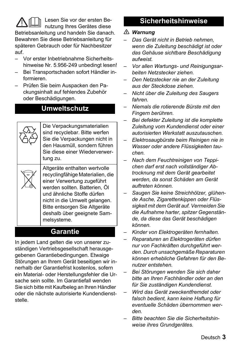 Umweltschutz, Garantie sicherheitshinweise | Karcher T 9-1 Bp User Manual | Page 3 / 112