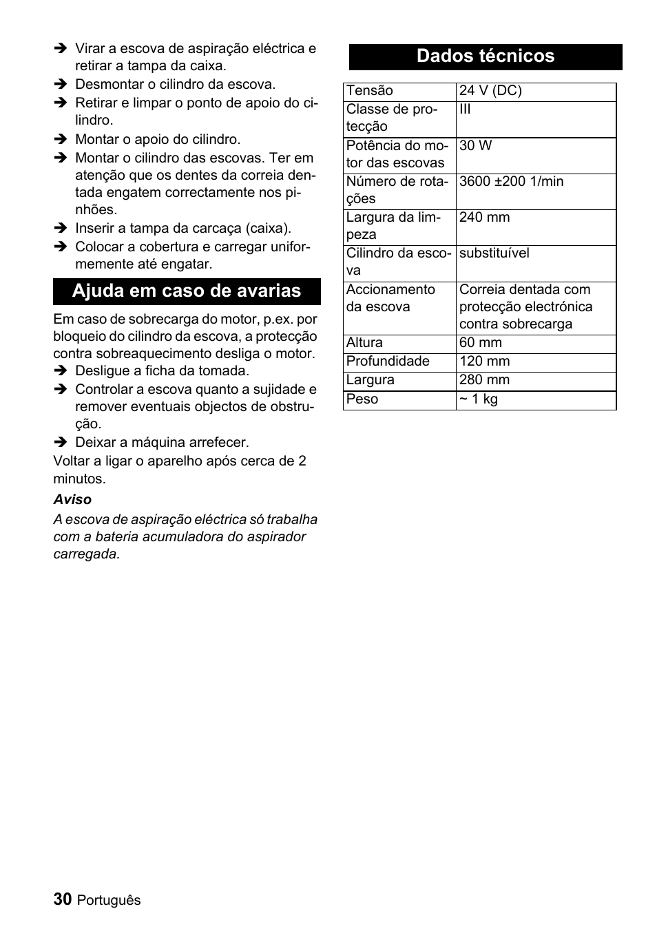 Ajuda em caso de avarias dados técnicos | Karcher T 9-1 Bp User Manual | Page 30 / 112