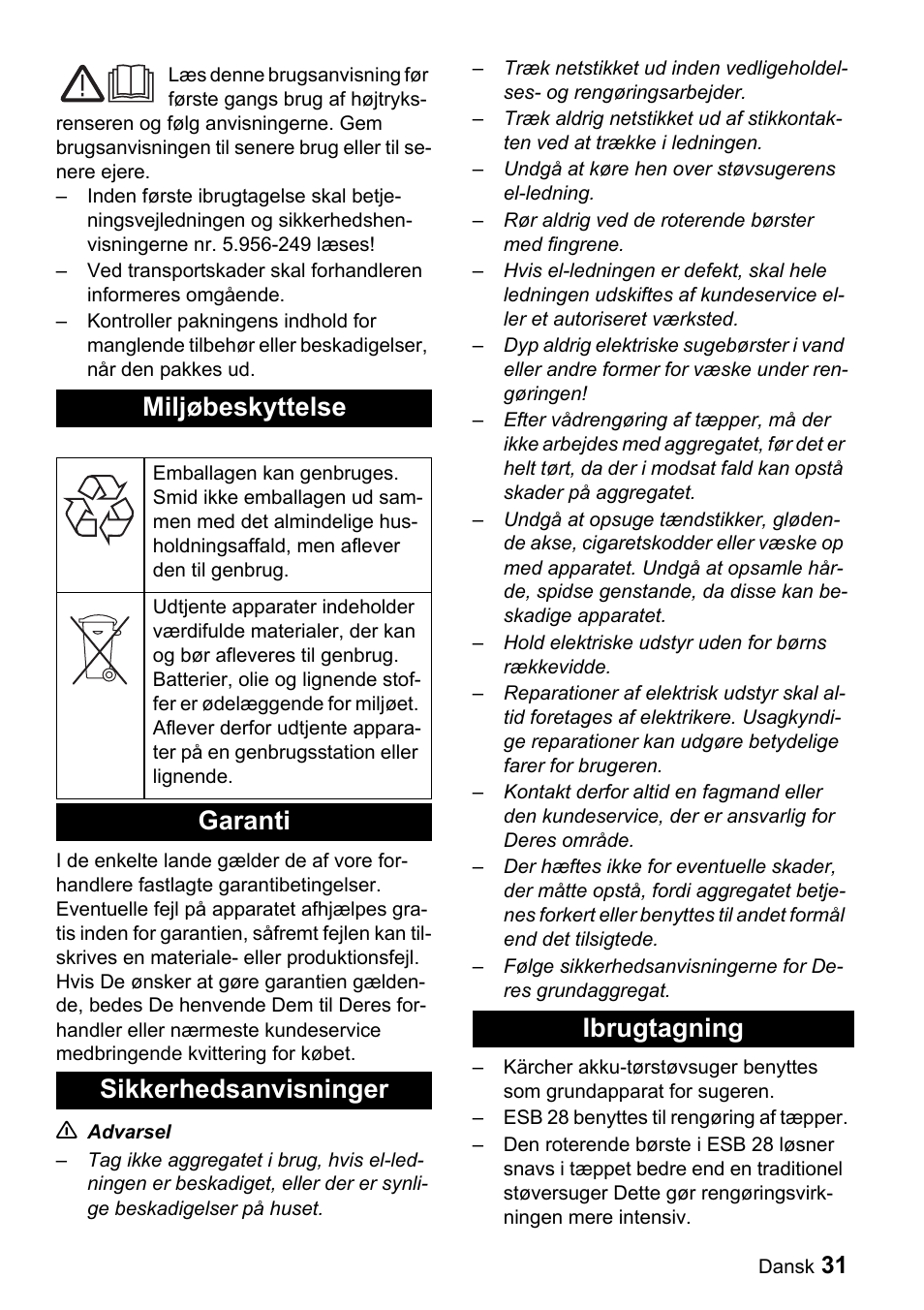 Miljøbeskyttelse, Garanti sikkerhedsanvisninger ibrugtagning | Karcher T 9-1 Bp User Manual | Page 31 / 112