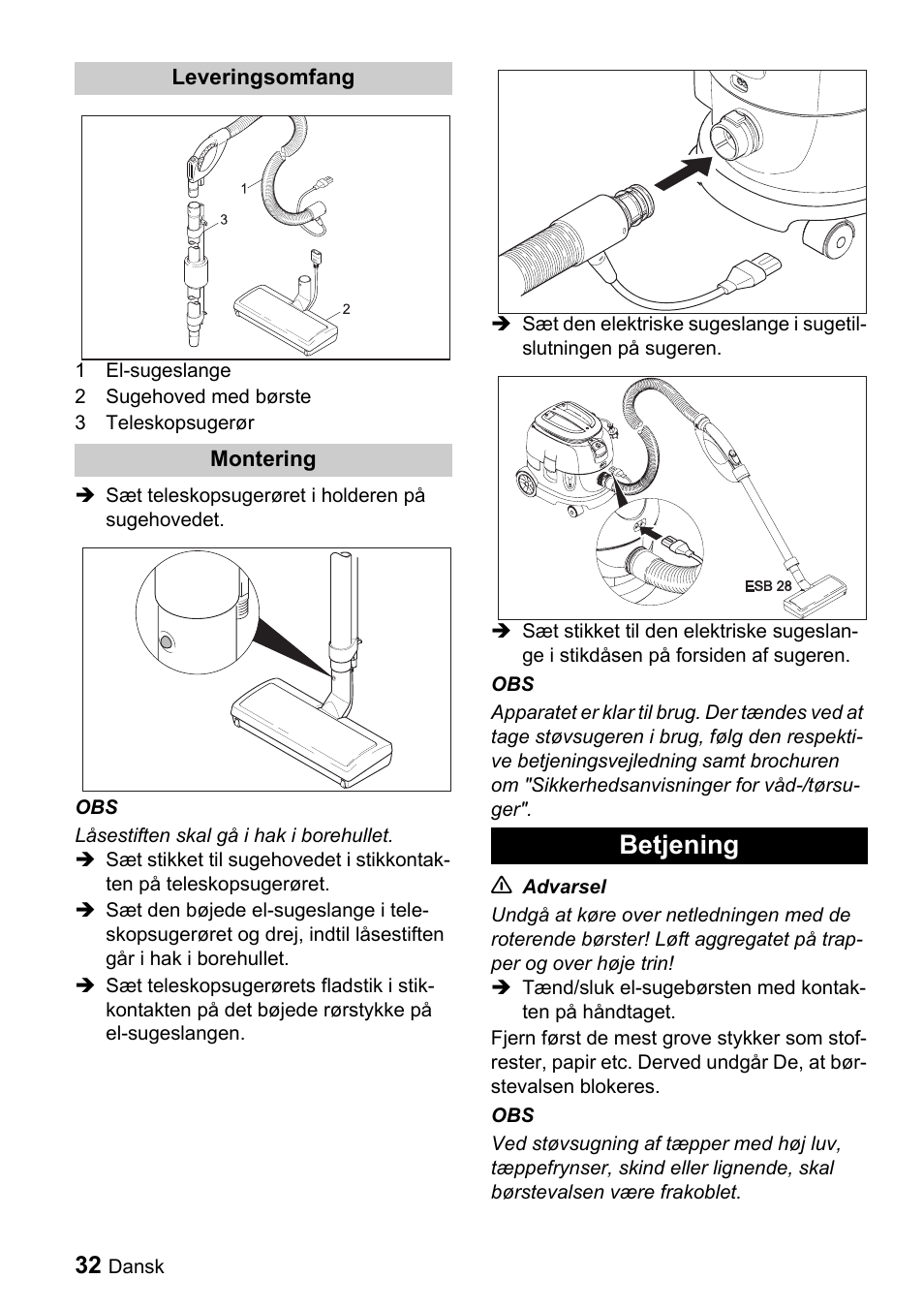 Betjening | Karcher T 9-1 Bp User Manual | Page 32 / 112